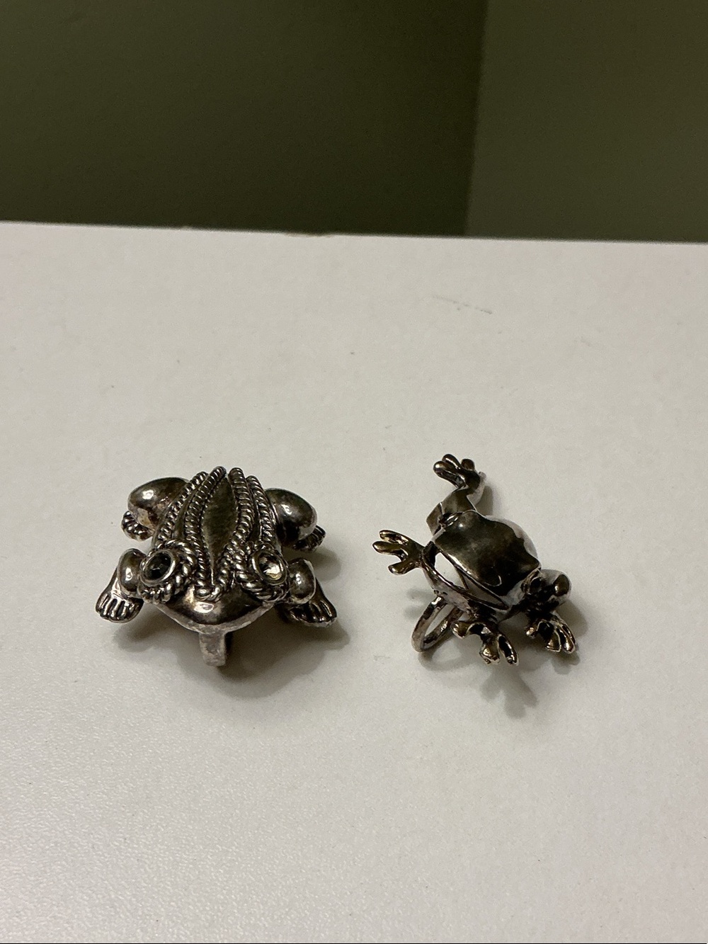 Mexican Silver Hand Crafted Frog Brooch Pendant Set of Two Rhinestones